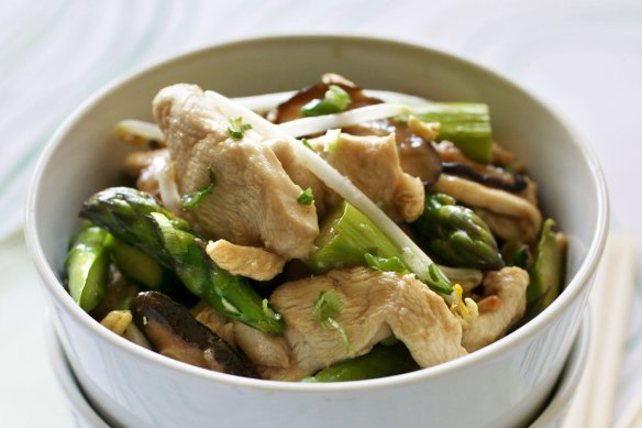 Jill Dupleix's chicken and asparagus stir-fry.