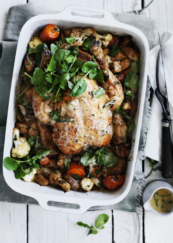 Crowding the roast chicken with vegetables can cause issues.