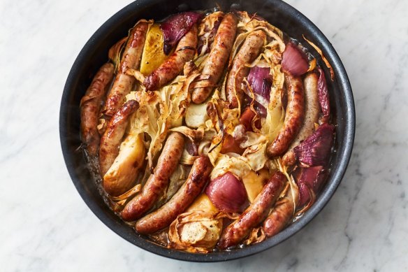Jamie Oliver's five-ingredient sausage and apple bake.