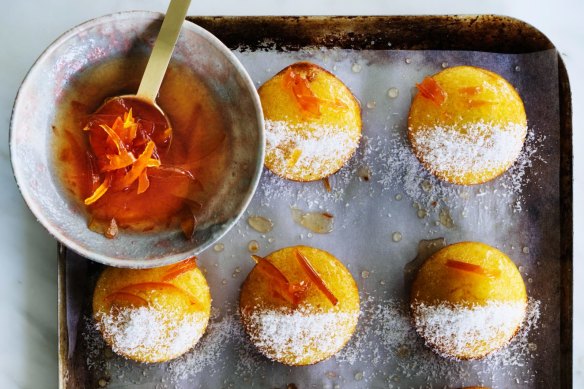 Orange, semolina and coconut cakes with orange blossom syrup and marmalade glaze.