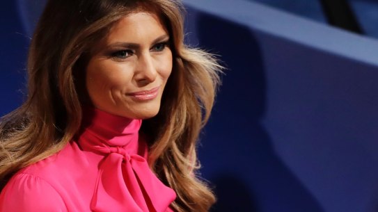 Prior to donning this "pussy bow" outfit, Melania Trump said her husband's lewd comments about women were "unacceptable and offensive". 