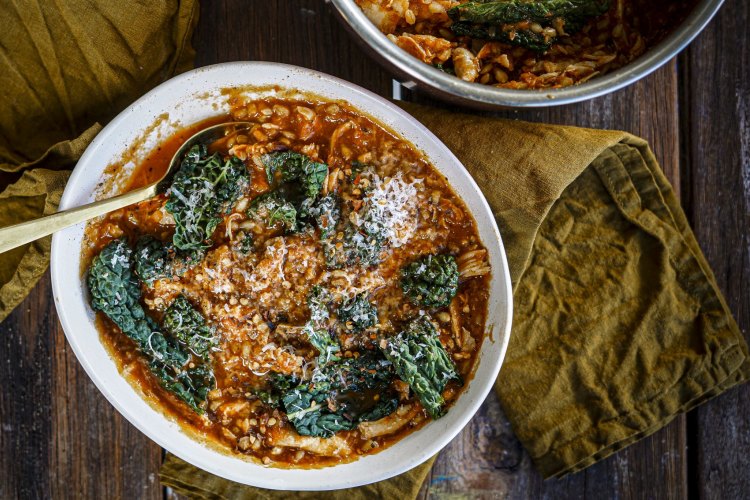 Smoky tomato, pearl barley and chicken soup with parmesan. v