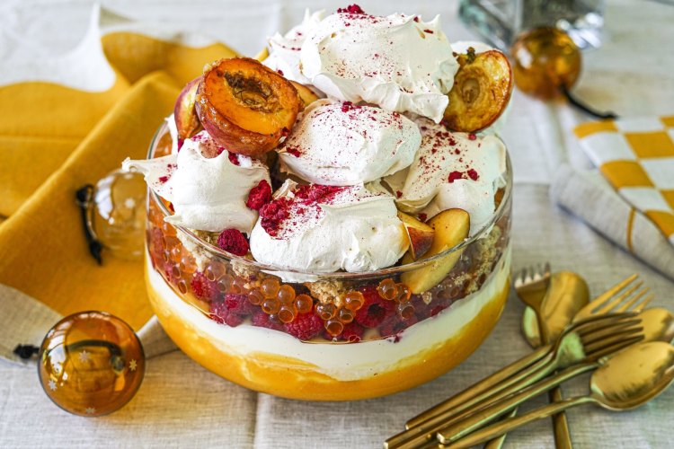 Peach Melba trifle.