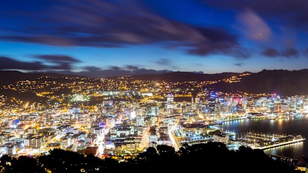 Panorama of Wellington city at night.