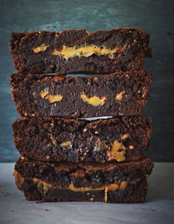 Peanutty brownies with a hidden caramel centre.