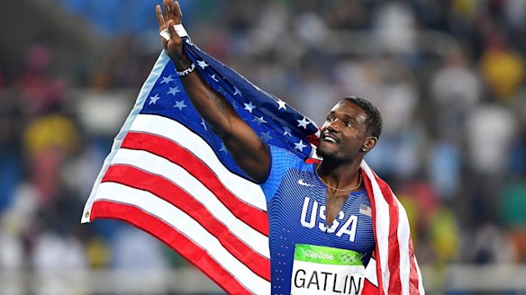 Justin Gatlin of the United States celebrates his second-placing. 