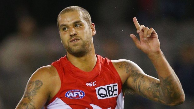 Lance Franklin celebrates one of his four goals.