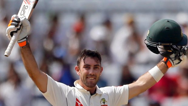 Glenn Maxwell celebrates his maiden Test century in Ranchi