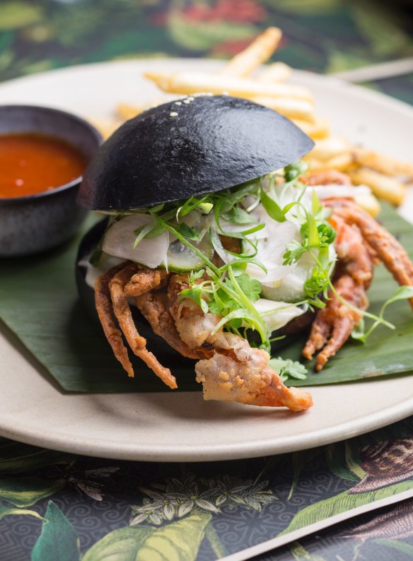 Soft-shell crab bun with yuzu mayo, kaffir lime fries and house-made sriracha sauce at Bang Bang.