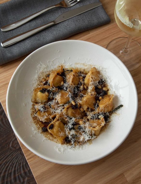 Ricotta and gorgonzola tortelli with sage burnt butter, aged balsamic and pine nuts.