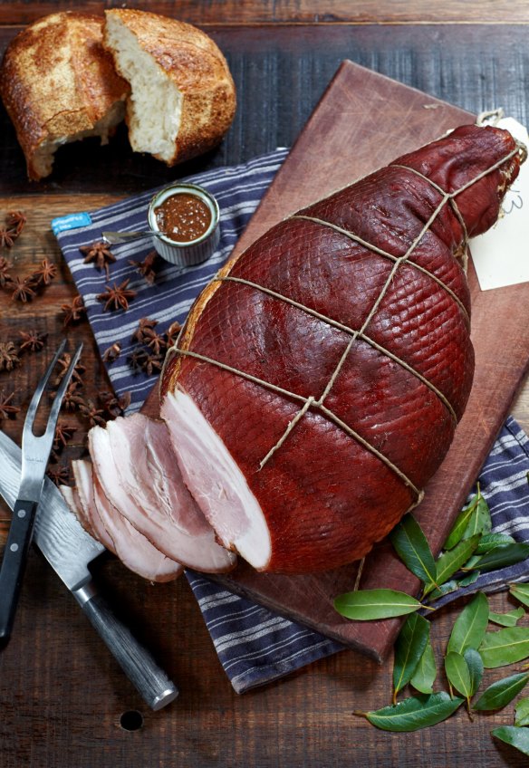 Meatsmith's ruby-coloured hams are hand-trussed in string.