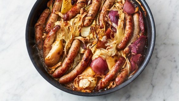 Jamie Oliver's five-ingredient sausage and apple bake.