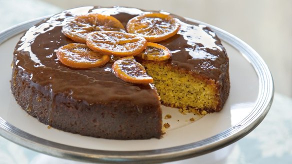 Orange and poppy seed cake with syrup and candied citrus.