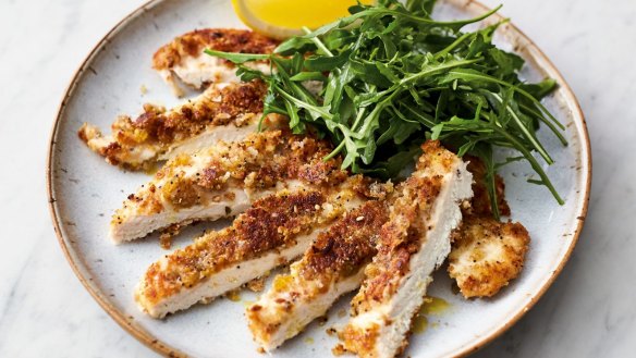 Jamie Oliver's crispy garlicky chicken with lemony rocket.