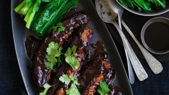 Stuffed eggplant with black bean sauce <a href="http://www.goodfood.com.au/recipes/stuffed-eggplant-with-black-bean-sauce-20130917-2tvyx"><b>(recipe here)</b></a>.