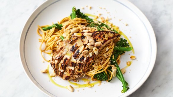 Jamie Oliver's chicken noodle stir-fry with broccolini and toasted peanuts.