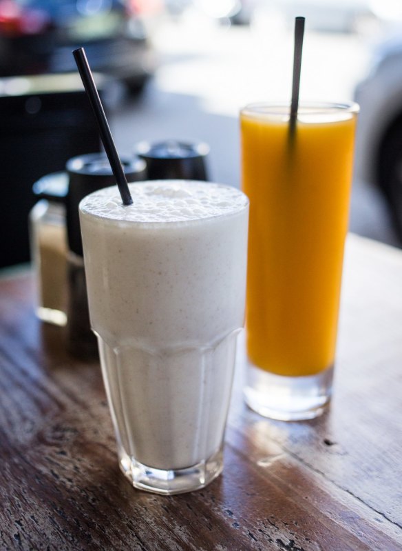 Banana coconut smoothie (left) and mango passionfruit peach juice.