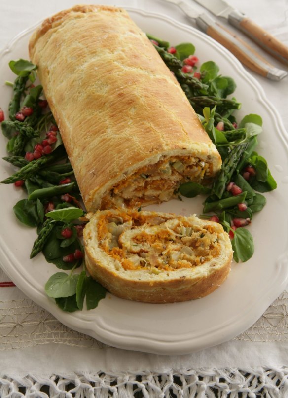 Roulade with spiced pumpkin, macadamia, pear and tarragon stuffing