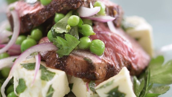 Grilled lamb salad with fresh mint, feta and peas.