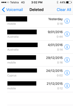 A screenshot of Mr Thornton's Telstra voicemail messages which appeared on the iPhone 5 after he wiped it and sold it.