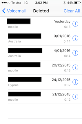 A screenshot of Mr Thornton's Telstra voicemail messages which appeared on the iPhone 5 after he wiped it and sold it.