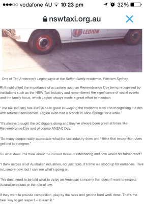 A screenshot of the NSW Taxi Council article captured by Fairfax Media before it was amended.