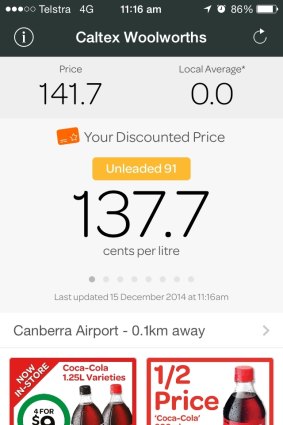A screenshot of the Woolworths fuel app shows the unleaded petrol price at 137.7 cents per litre for customers with an in store discount or 141.7 for those without.