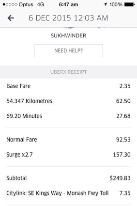 Uber receipt showing a $157.30 price surge, which the passenger claims she received no warning about.  