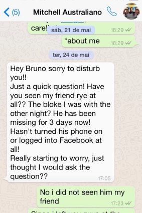 The concerned WhatsApp message from Mitchell Sheppard to Bruno Mouta.