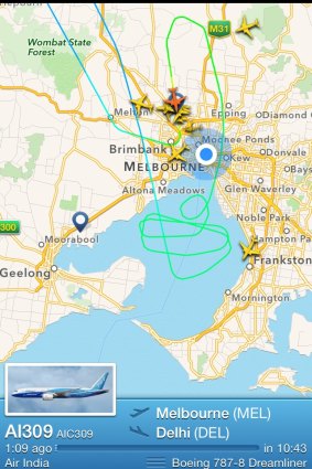 A flight radar showing the Air India flight path circling over Melbourne.