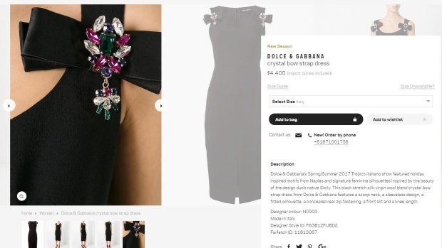 A screen grab showing the Dolce & Gabbana dress Melania Trump wore on New Year's Eve for sale on Farfetch.