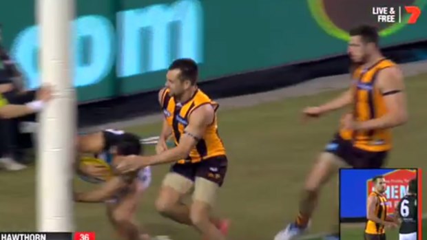 The incident which could cost Hawthorn's Luke Hodge a suspension.