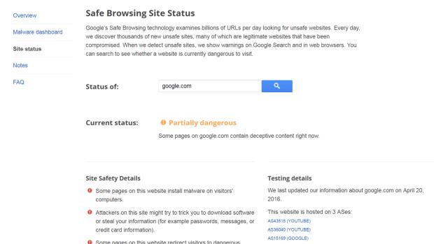 The entry for 'Google.com' at Google's Safe Browsing website.