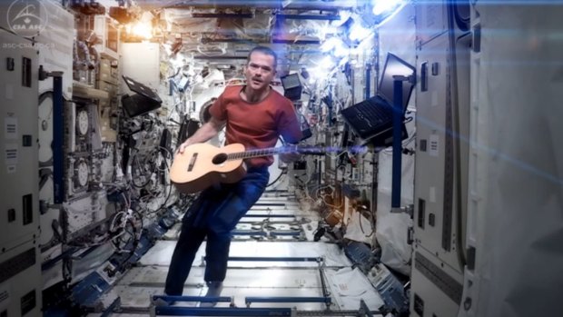 Then ISS Commander Chris Hadfield performs his zero-gravity version of David Bowie's <i>Space Oddity </i>.