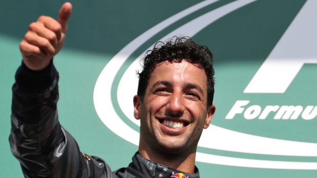 SPA, BELGIUM - AUGUST 28: Daniel Ricciardo of Australia and Red Bull Racing celebrates on the podium during the Formula One Grand Prix of Belgium at Circuit de Spa-Francorchamps on August 28, 2016 in Spa, Belgium (Photo by Mark Thompson/Getty Images)