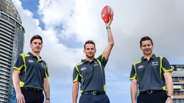 Grand final umpires Matt Stevic, Scott Jeffery and Simon Meredith.