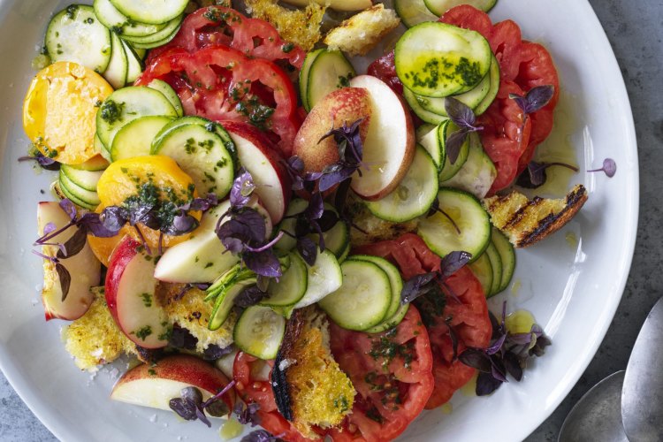 Danielle Alvarez's Tomato, nectarine and zucchini panzanella-ish salad with sweet basil dressing.