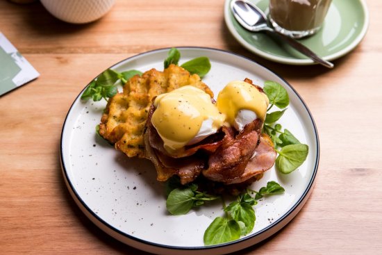 
Poached eggs on waffled hash brown, maple glazed baconÂ and apple cider hollandaise at Parkstone in Pascoe Vale South.