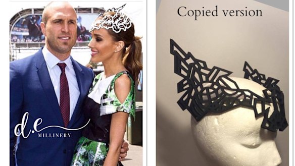 In the left-hand image, Bec Judd wears a DE Millinery design, by Danica Erard. Erard claims the right-hand image is a copy.