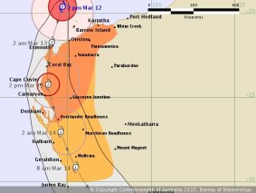 Cyclone Olwyn's predicted path at 2pm, where it's very close to Barrow Island.