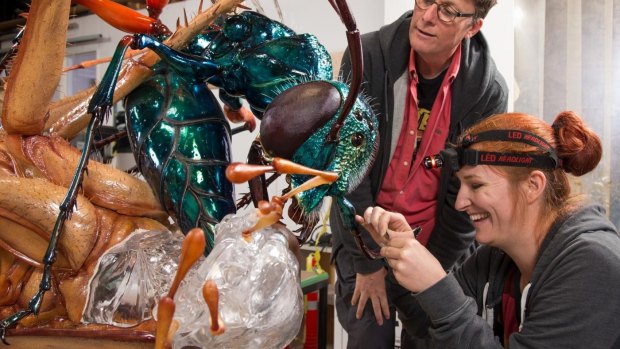 Weta Workshop founder Richard Taylor and technician Antje Goehring with the jewel wasp.