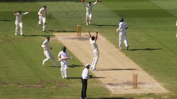 Moment of triumph: Mitchell Starc takes the wicket of Yasir Shah as Australia wrap up an unlikely win on Friday. 