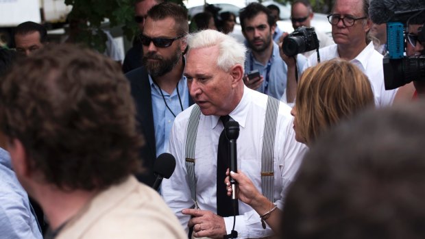Roger Stone walks off stage on the first day of the Republican National Convention in Cleveland in July, as WikiLeaks began dumping the Democrats' emails.