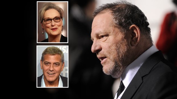 Harvey Weinstein (main), Meryl Streep and George Clooney. The cost of speaking out became low.