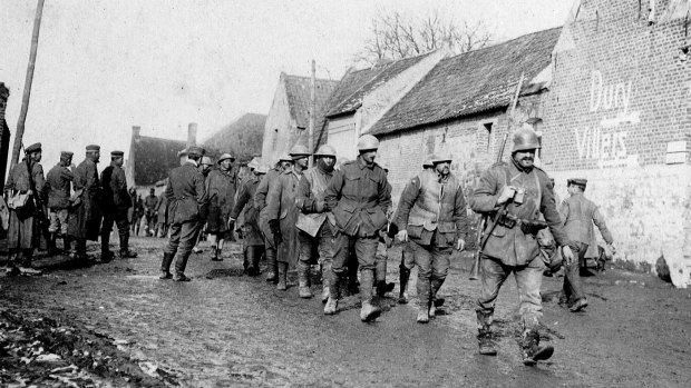 Australian prisoners at Bullecourt are escorted to the German rear on April 11, 1917.