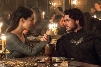 Talisa (Oona Chaplin) and Robb Stark (Richard Madden) in the infamous Red Wedding episode of <i>Game of Thrones</I>. The national conversation is a train-wreck of spoiler warnings in the era of binge-watching.