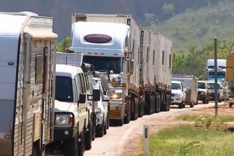 Hundreds of cars line up at the WA-NT border. 