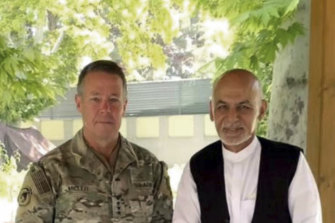 Army General Austin Miller, the US’ top general in Afghanistan, meeting with Afghan President Ashraf Ghani at the presidential palace in Kabul, on Friday July 2, 2021.