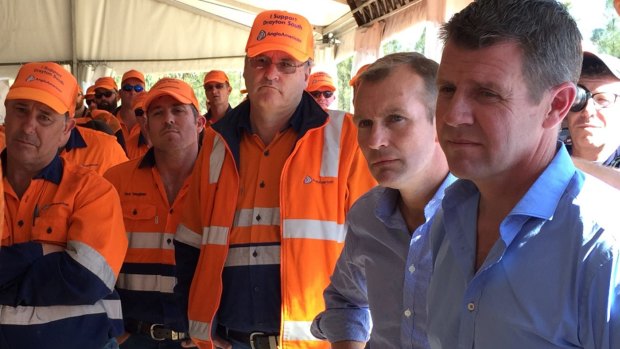 Premier Mike Baird and Planning Minister Rob Stokes hear from Drayton South miners during a visit in April 2015.