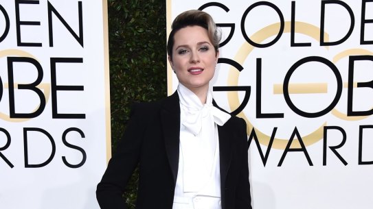 Evan Rachel Wood arrives in a suit to the 74th annual Golden Globe Awards